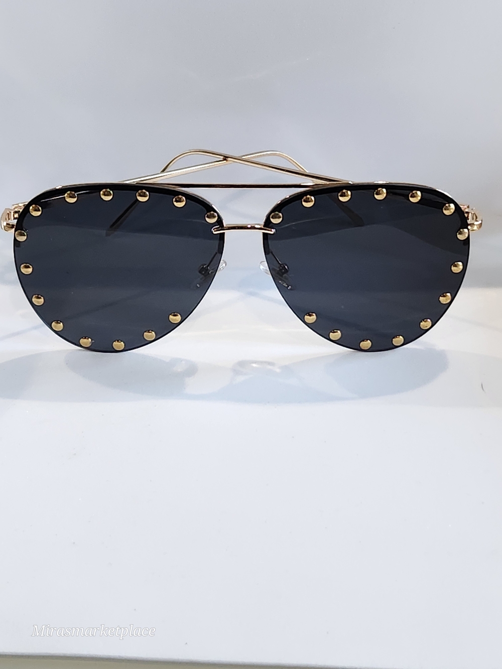 Gold-Trim Black Lens Aviator Sunglasses